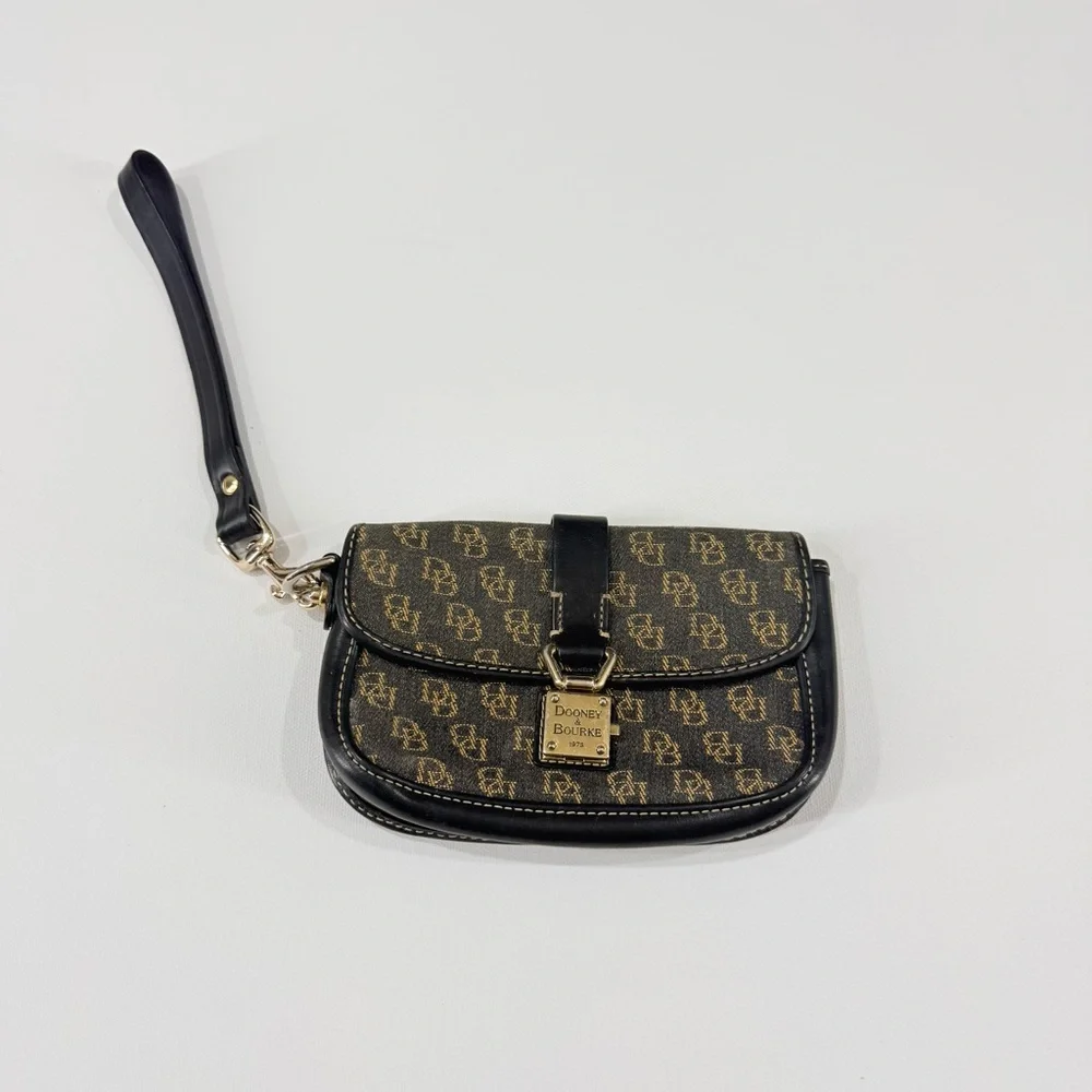 Dooney & Bourke Monogrammed Tan and Black Wristlet Clutch